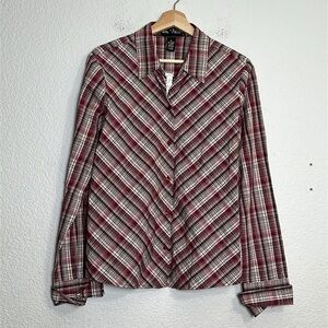 In Vain Women’s Size XLarge Wine Plaid Long Sleeve Button Down Top NWT Workwear